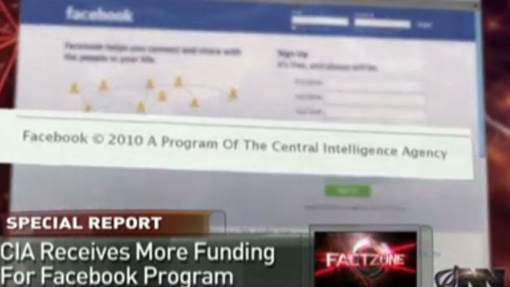 Skjermdump fra satiriske Onion News Network, i en oppdiktet nyhetsrapport om hvordan kongressen utvider bevilgningene til CIA-programmet Facebook.