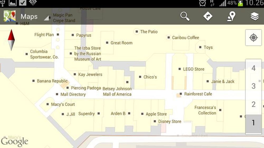 Google Maps tilbyr kart over blant annet flere store kjøpesentre, men ikke ned på hyllenivå. Google er heller ikke medlem av den nye alliansen. I illustrasjonen vises en oversikt over Mall of America i Minneapolis.