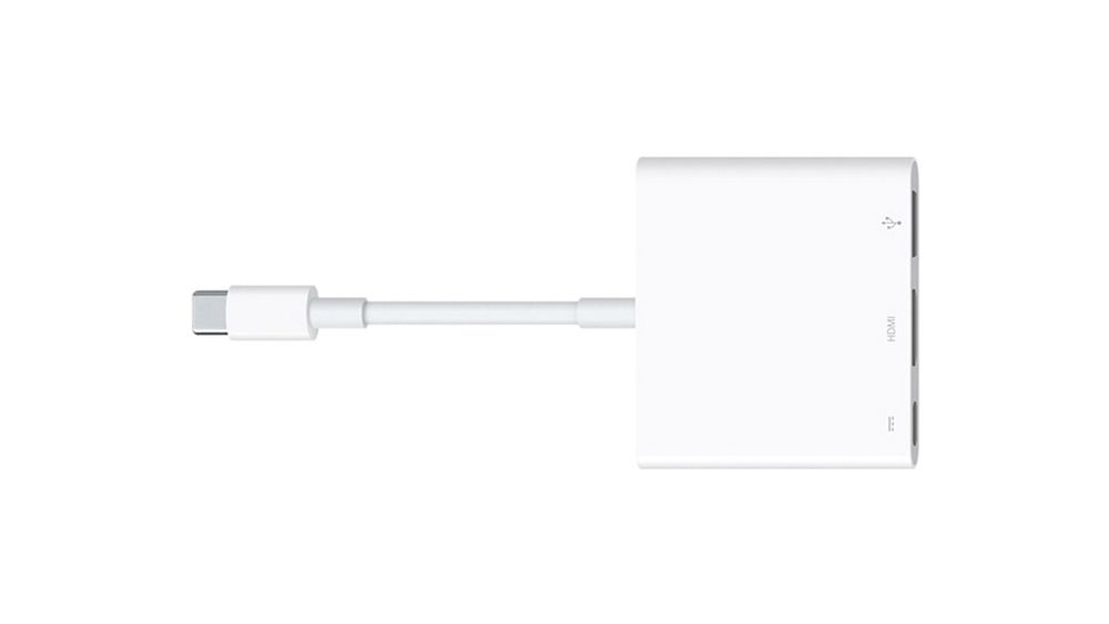Apples USB-C Digital AV multiport adapter gjør om USB-C-inngangen i den nye Macbooken til tre separate porter. Én for USB, én for HDMI eller VGA og én for USB-C.