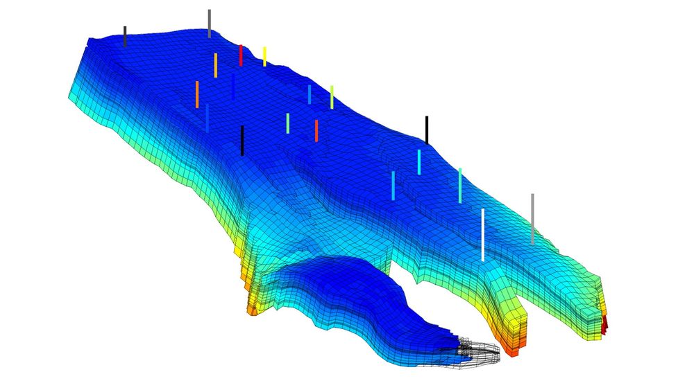 Simulering av trykkfordeling i Nornefeltet utenfor Helgeland. For å simulere utvinning av hydrokarboner, deler forskerne reservoaret inn i celler, og beskriver hvordan oljen flytter seg fra celle til celle. Dataene til modellen er gjort tilgjengelige av Statoil og NTNU/IO-senteret. 