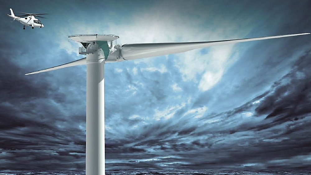 Tyske Aerodyn står for designet av den tobladede havvindmøllen som skal monteres i Norge i løpet av 2016. Illustrasjonen viser er en større variant (8MW) av samme turbin. Den norske turbinen får en effekt på 6 MW.
