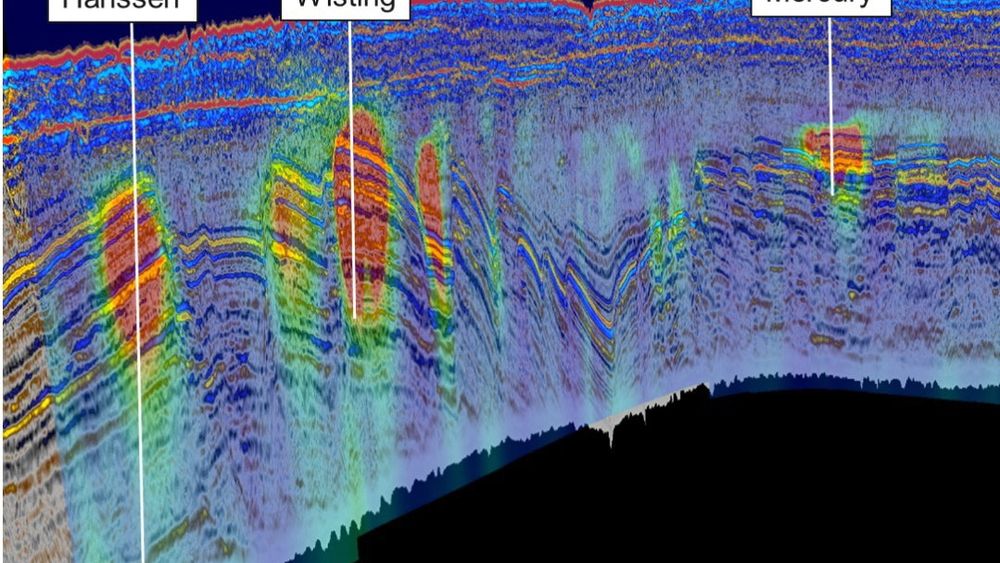 De røde feltene her viser den ekektriske motstanden på Hanssen-, Wisting og Mercury-brønnene. Størrelsen på motstanden representerer i disse tilfellene også i stor grad størrelsen på funnene. På illustrasjonen er 3D CSEM-data fra EMGS overlagt høyoppløselig seismikk fra TGS. Seismikken er gjengitt med tillatelse fra TGS. CSEM-data brukes med tillatelse fra EMGS. 