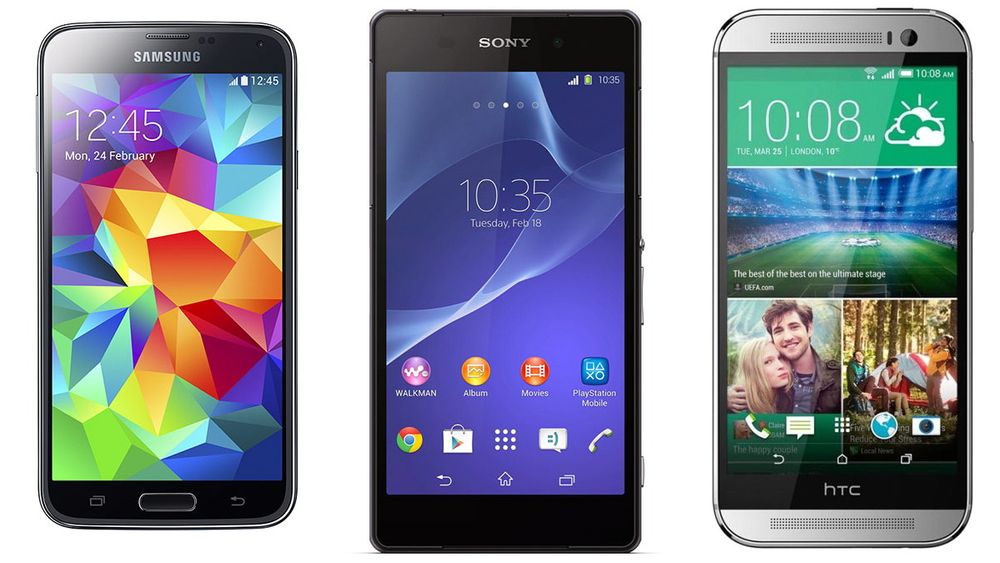 Samsung Galaxy S5, Sony Xperia Z1 og HTC One (M8) er de neste toppmodellene som kommer i salg nå. To av dem kommer over helgen. 