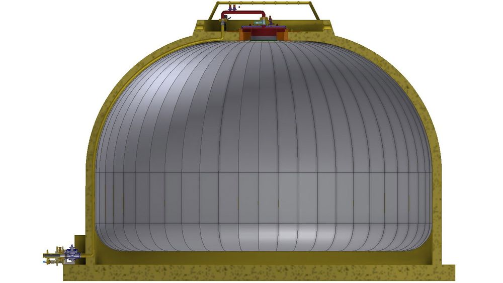 25.000 cubic meters are stored inside a plastic sheet. The outer shell can be made of steel or concrete.