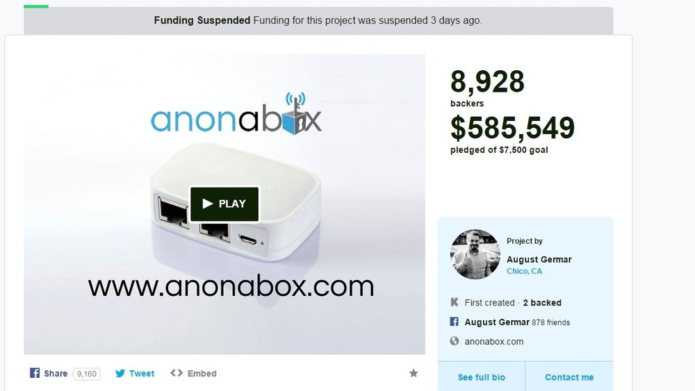 Kickstarter-prosjektet Anonabox var en stor crowdfunding-suksess, men ble stengt ned før de fikk cashet inn.