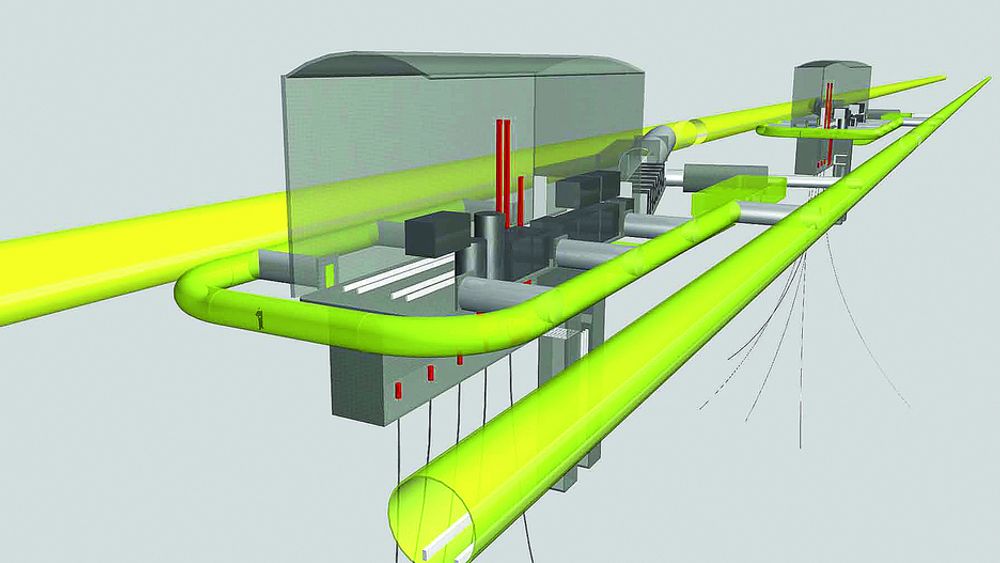 Slik så Acona for seg at løsningen kan konstrueres. To tunneler går parallelt på hver side av produksjonsfjellhallene.