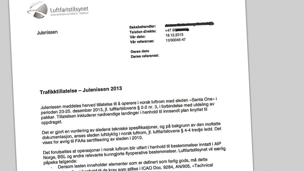 Trafikktillatelse: Julenissen er klarert for norsk luftrom. Faksimile: Luftfartstilsynet