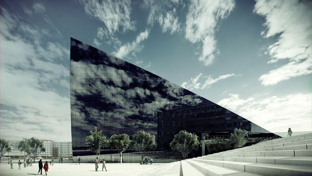 Dette forretningsbygget på Brattørkaia i Trondheim skal Powerhousalliansen snart begynne å bygge. Det skrå taket er valgt for å gi solcellene optimal vinkel mot solen.