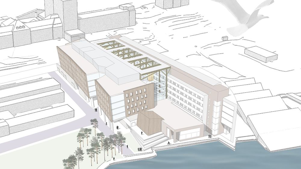 Nytt: Framsenteret kan bli Nord-Norges første kontorbygg med passivhusnivå, men Statsbygg har skrinlagt passivhusambisjonen for lysgården som planlegges mellom eksisterende bygg (til venstre) og den nye bygget (til høyre). Ill.: PKA Arkitekter, Rambøll og HENT.   