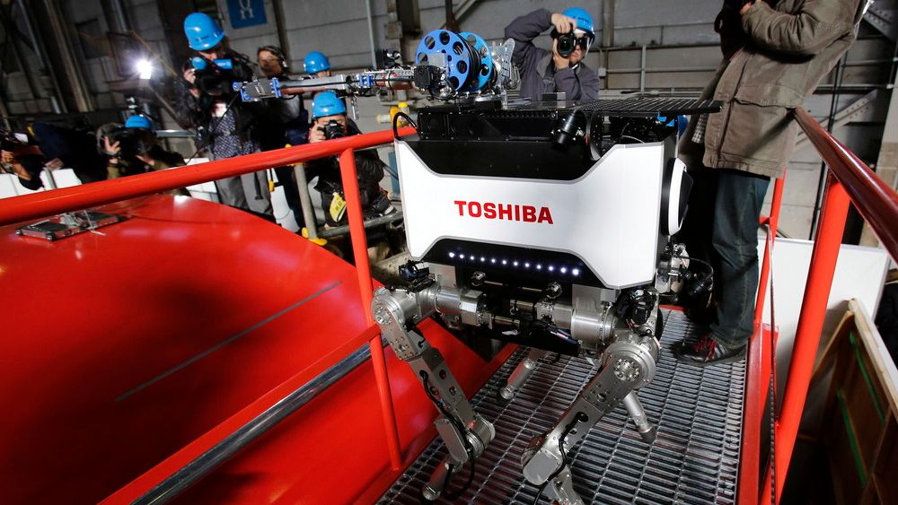 Toshiba har utviklet denne firbente roboten som tåler store mengder radioaktiv stråling. Den skal kunne gå inn i Fukushima-reaktoren. Også i Norge spiller robotene en stadig viktigere rolle i industrien.