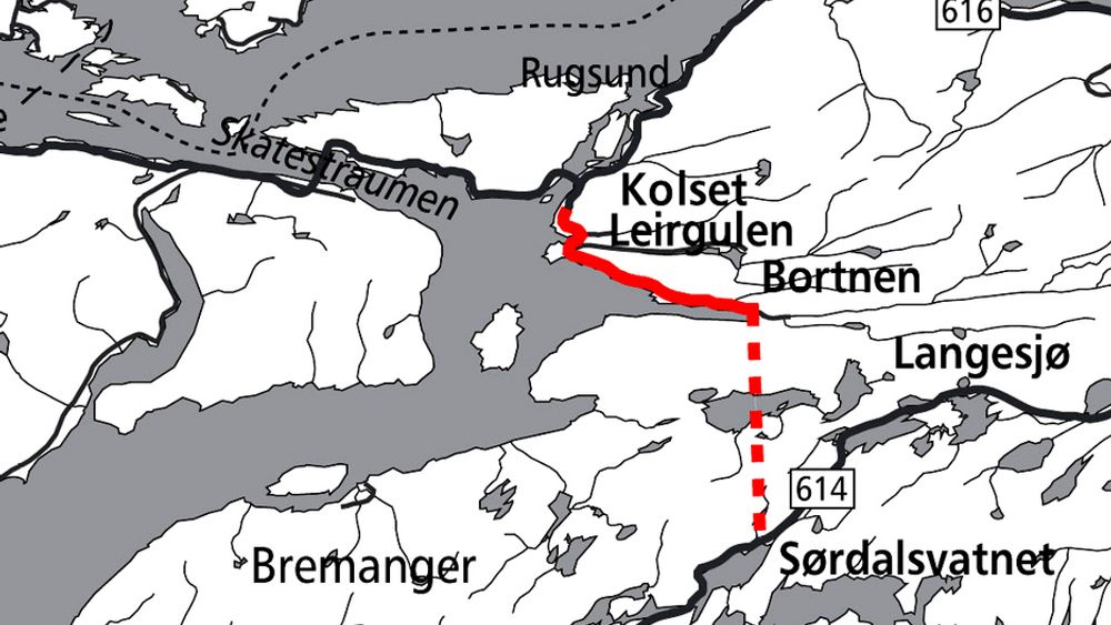 Den 5,2 km lange strekningen er markert med heltrukket rød linje. Mye rart skal skje hvis ikke kontrakten går til K. A. Aurstad.
Ill.: Statens vegvesen