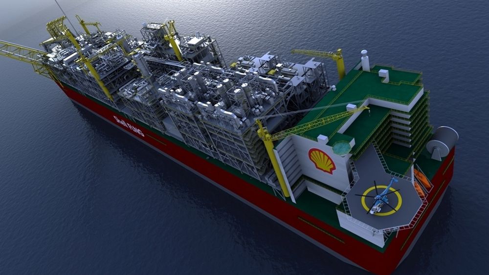 FØRSTE: Shells FLNG-prosjekt for Prelude-feltet. Fartøyet blir 488 meter langt og skal forankres 200 kilometer fra land. Gass behandles om bord og kjøles ned til flytende form (LNG).