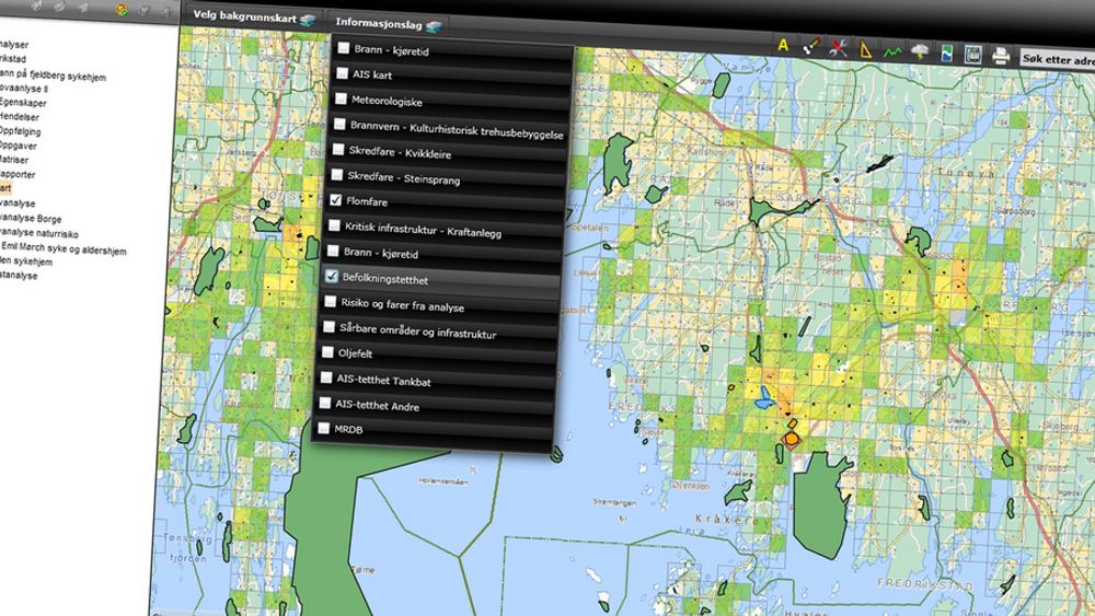 LAG PÅ LAG: Såkalt GIS-analyse i moderne digitale karttjenester gir mulighet for hurtige analyser i krisesituasjoner. Her Geodatas CIM-tilpassede Safepoint 360-programvare i et eksempel fra Fredrikstad sentrum.