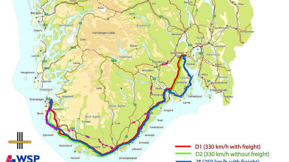 KYSTNÆR: Trasévalget som Multiconsult har kommet frem til langs Sørlandskysten går nærmere kysten enn dagens llinje. Linjene D1 (rød), D2(grønn) og 2*(blå) er alle nye. B, oppgradering av dagens linje, er kun vist med rosa der det er behov for endringer.