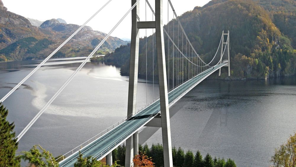 Dalsfjordbrua med et 523 meter langs hovedspenn trenger bærekabler og hengestenger. De som vil levere dem, må gi anbud innen 1. september.
Ill.: Statens vegvesen