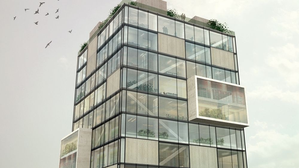 VERDENS HØYESTE: Denne animasjonen viser hvordan verdens høyeste trebygg vil arte seg, med en kombinasjon av glass og massivtre i fasadene.