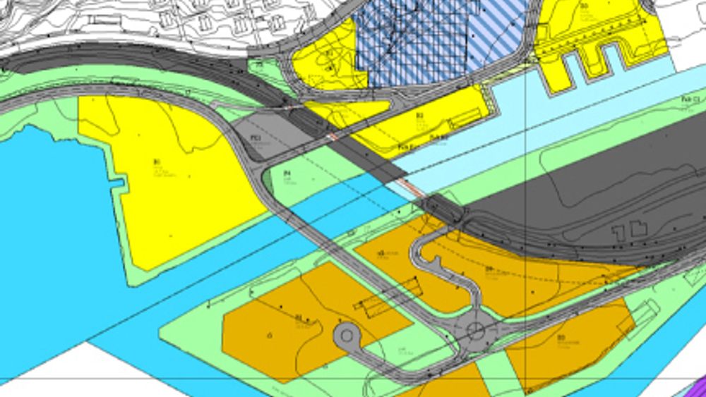 De gule og de oransje feltene er nye boligområder. I første omgang skal det gule feltet lengst til venstre bygges ut. De grå linjene mellom dem er det nye vegsystemet.
