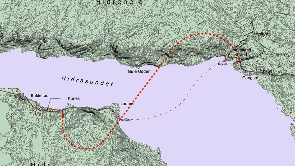 Tunnelen under Hidrasundet får en tilnærmet S-formet trasé. Vegvesenet håper den er klar til bruk før konsesjonen til Flekkefjord Dampskipselskap går ut ved utgangen av 2013.