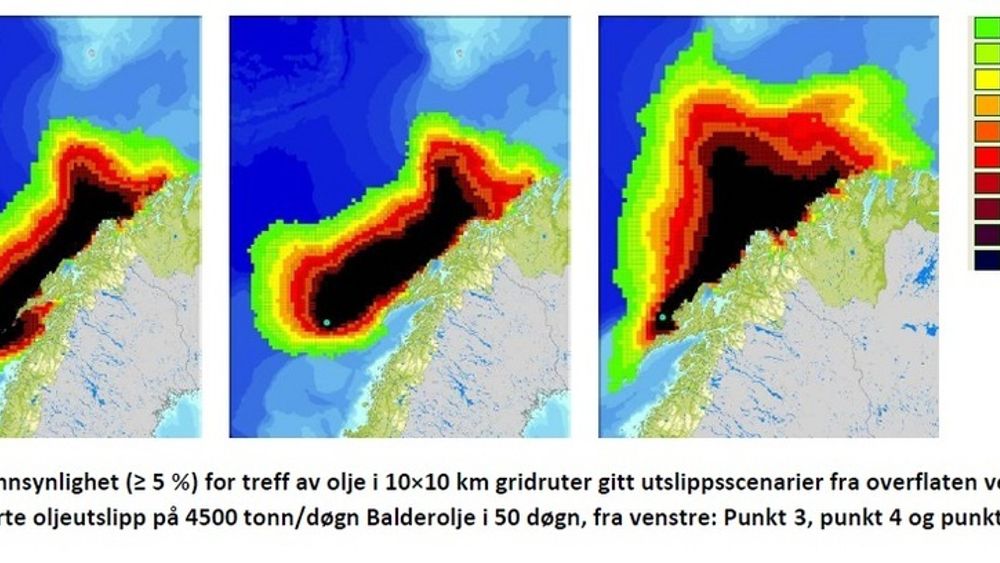 I VERSTE FALL: Slik kan oljen spre seg ved en overflate- eller sjøbunnsutblåsning fra Nordland VI med 50 døgns varighet, ifølge Risikogruppen. Oljen vil da strekke seg inn i Vestfjorden og strekke seg fra Meløy til Måsøy. Det er 5-10 prosent sjanse for at den når Nordkapp.