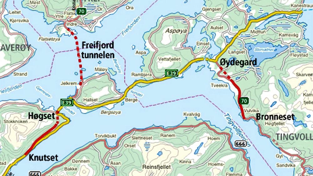 Et arbeidsfellesskap mellom Betonmast og Mika ligger godt an til å sikre seg to tunneljobber på Stor-Krifast. Tunnelene er markert like ved stedsnavnene Høgset og Øydegard.