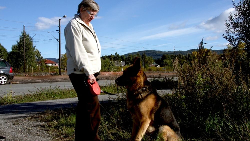 INDUSTRIELL SPASERTUR: Edith Jensen og hunden Aron (4) spaserer mellom togskinner og industriområder på Lierstranda. Hun skulle gjerne sett mer av fjorden, og er positiv til Gjelstens utviklingsplaner.