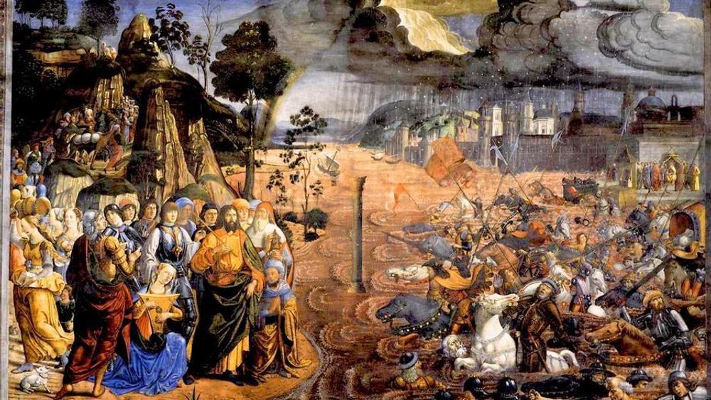 SPLITTER RØDEHAVET: Slik krysset Moses og israelittene Rødehavet med Guds hjelp, på flukt fra Egypts hær, ifølge maleren Cosimo Rosselli (ca. 1481). Nå har forsøker forskere å gi en vitenskapelig forklaring ved hjelp av datasimuleringer.