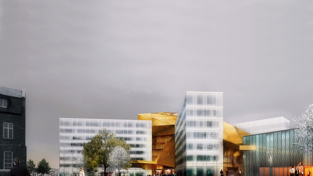 GLASSFASADE: Slik ser Spacegroup arkitekter for seg at Clarion Hotel &amp; Congress Trondheim blir seende ut når det er ferdig neste år.