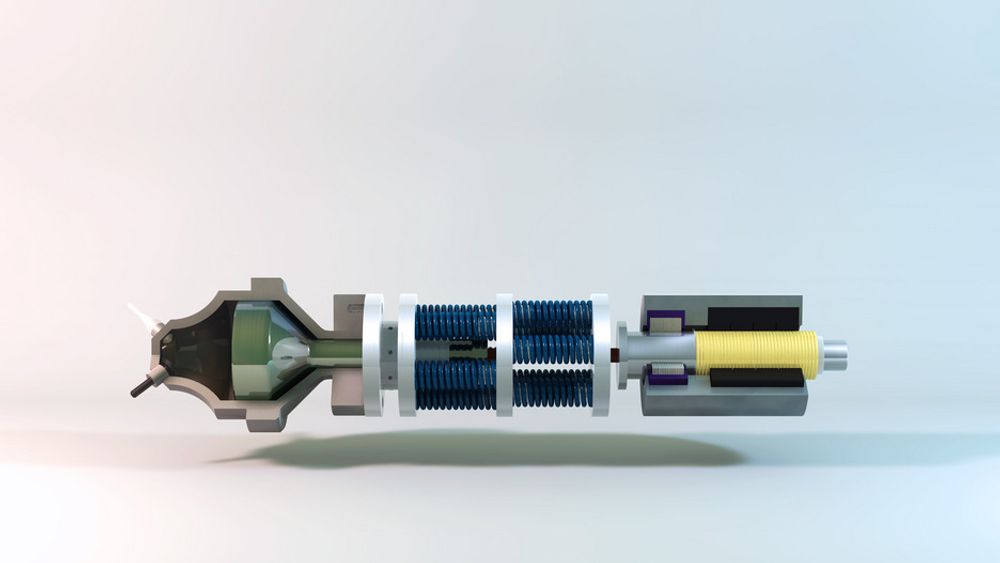 ENKEL: Supersonic Wave Engine har tre hovedelemeter. Fra venstre eksplosjonskammeret med stempel, et fjærsystem som settes i oscillasjon og en lineær generator for  å lage elektrisk energi.