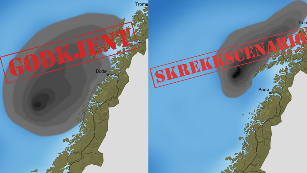 NORNE vs NORDLAND VI: Oljedriftsimuleringene viser at et utslipp fra Norne (t.v.) kan nå langt inn i Vestfjorden og Lofoten, mens utslipp fra Nordland VI (t.h.) mest sannsynlig vil gå med havstrømmene nordover og oppløses fortere enn den voksholdige Norne-oljen.