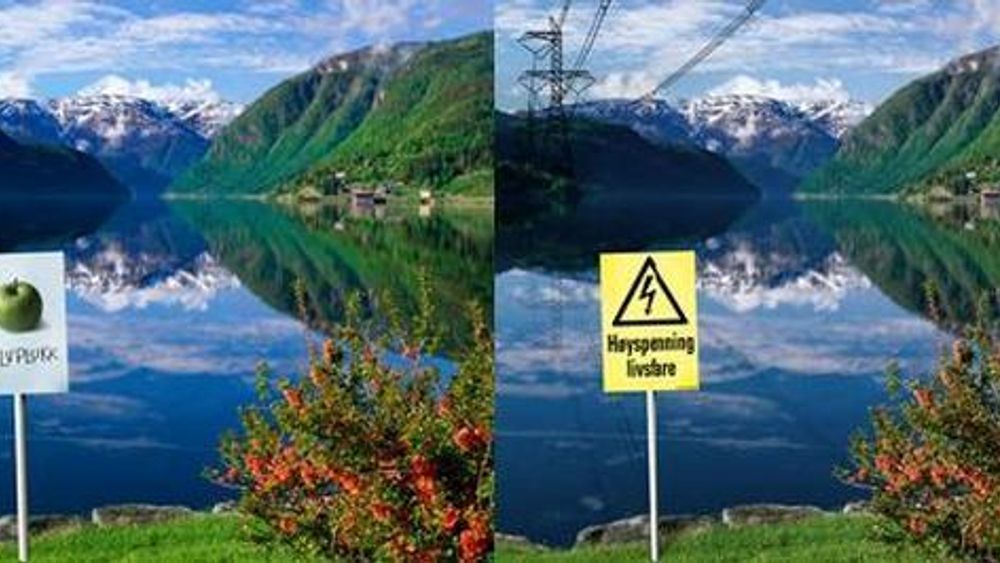 FRYKTER FJORDSPENN: Med manipulerte bilder som forestiller Hardangerfjorden med luftspenn vil organisasjonen Bevar Hardanger samle folks underskrifter.