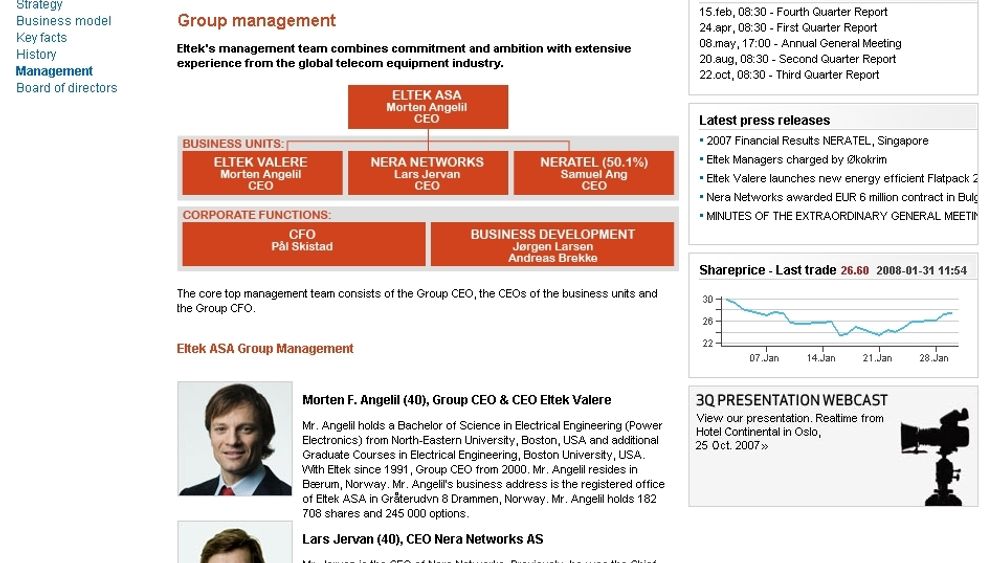 TOPPENE: Morten Angelli og Lars Jervan presenteres på Elteks hjemmesider sammen med resten av ledelsen.