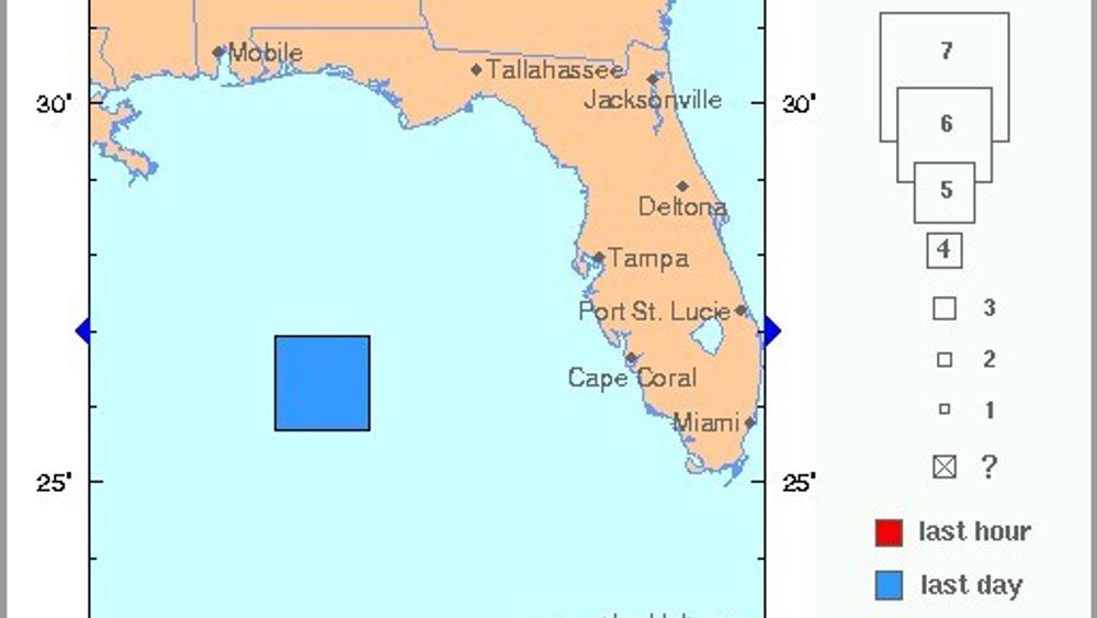 Jordskjelvet inntraff utei gulfen, 420 kilometer sørvest for Tampa i Florida og ble merket i alle de fire nærmset statene.