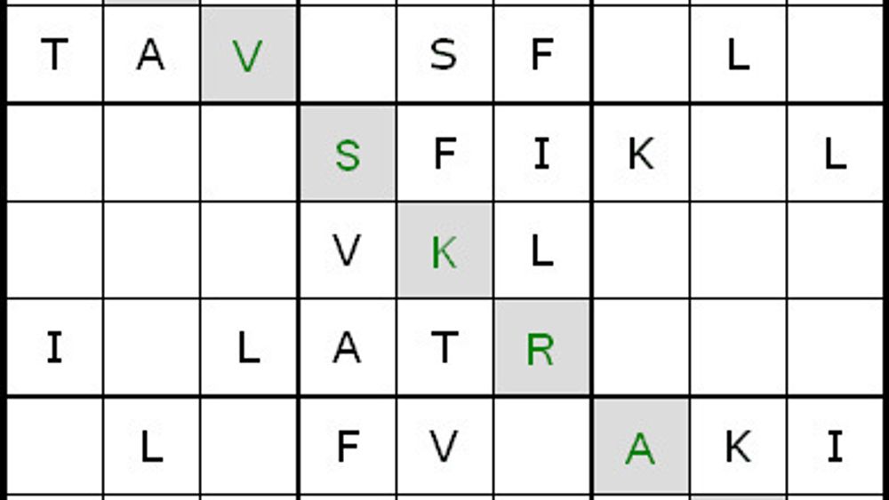 Slik ser et Wordouk-brett ut. Løsningsordet står i de grå boksene når du har løst oppgaven riktig.