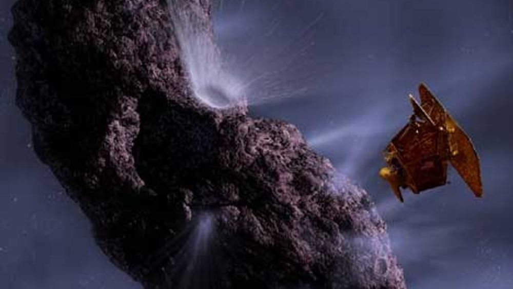 Kunstneren Pat Rawlings ser for seg Deep Impacts kollisjon med kometen Temple 1 på denne måten. Kollisjonen skjer 4. juli i år. Ill: Pat Rawlings/NASA