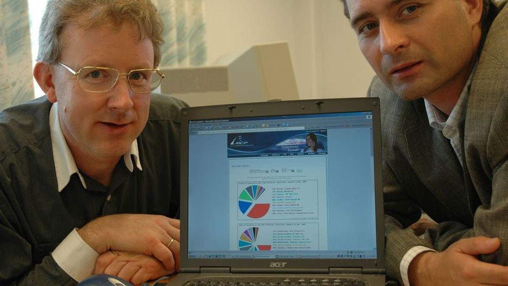 OVERSIKT: Alf S. Aanonsen (t.v.) og Svein Are Folgerø kan sitte i Grimstad og ha full oversikt over hvor mange mobilabonnenter som ringer og til hvilke operatører. De røde feltene er ikke overraskende Telenor-trafikk.