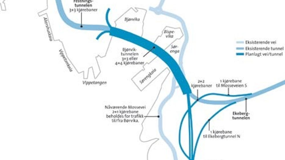 Kart illustrasjon over veisystemet i og rundt Bjørvika - planlagt og ønsket.