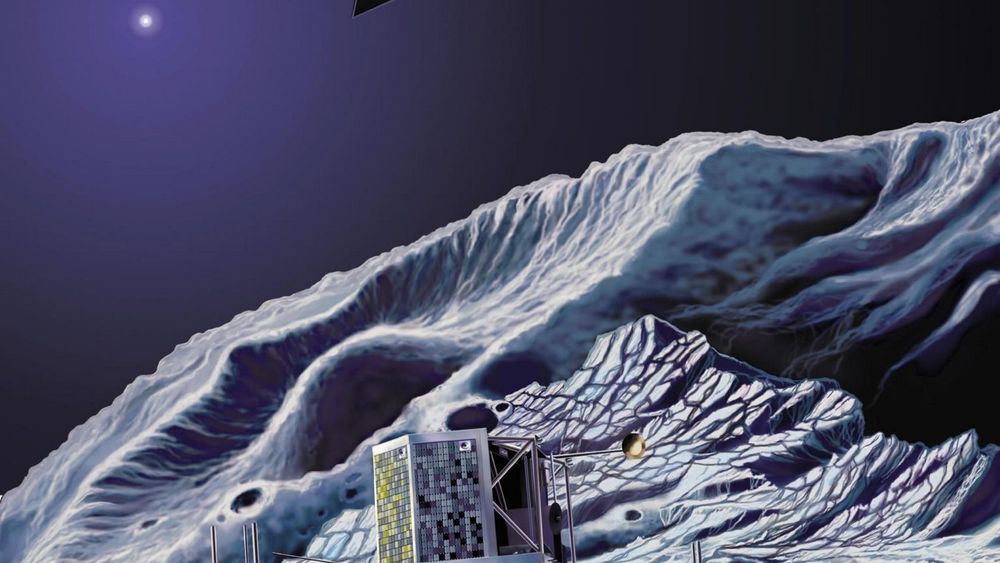 LANDER: Den europeiske romsonden Rosetta skal i november 2014 sende en lander ned på en stor komet og studere den. Femti selskap i Europa og USA står bak prosjektet, som styres av den europeiske romfartsorganisasjonen ESA. FOTO: ESA