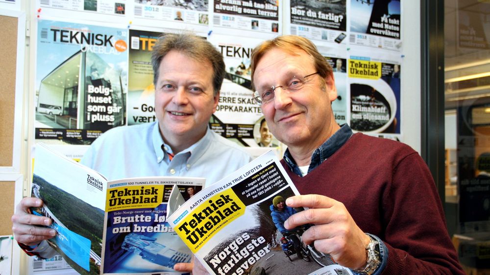 Fornøyde: Ansvarlig redaktør Jan M. Moberg og redaktør Tormod Haugstad gleder seg over at stadig flere velger å lese Teknisk Ukeblad.   foto: Joachim Seehusen  