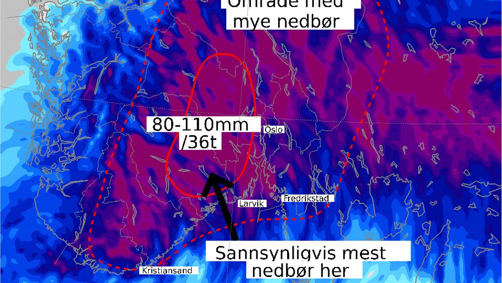Store nedbørsmengder er ventet i løpet av tirsdag. 
