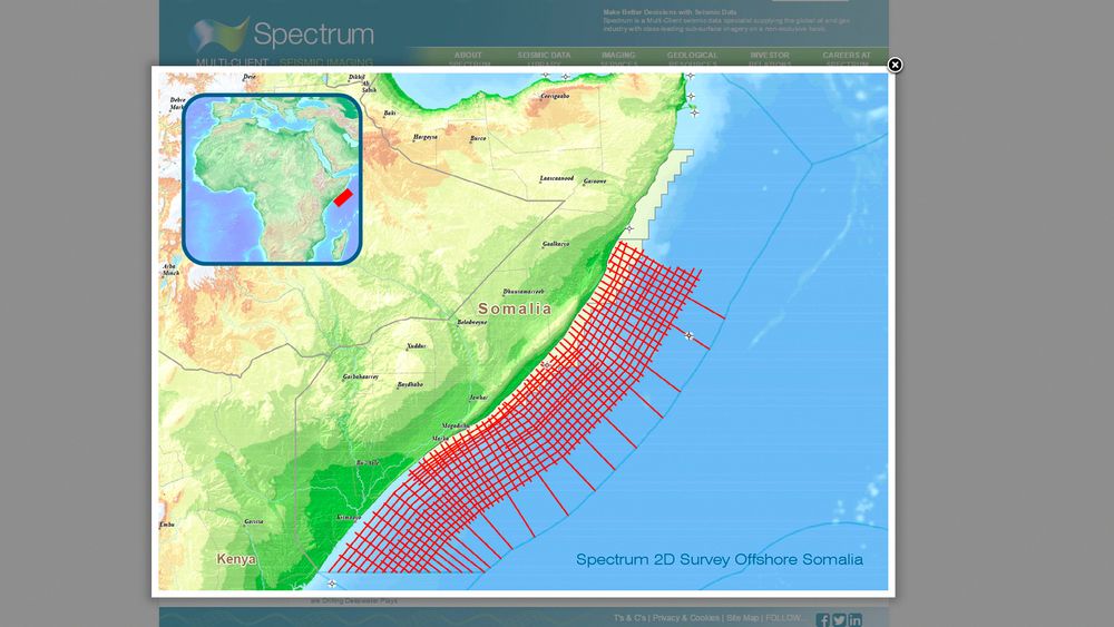  Norskbaserte Spectrum skal samle inn 2D-seismikk over et område på 28.000 kilometer offshøre sør i Somalia. Faksimile.