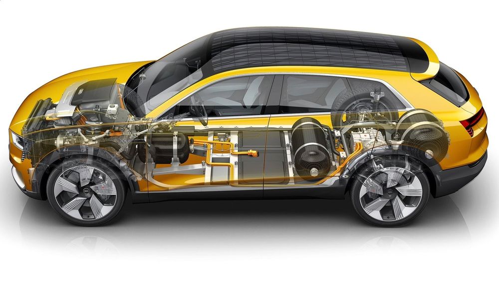 Slik er den hydrogen-elektriske drivlinja på Audi h-tron quattro. 