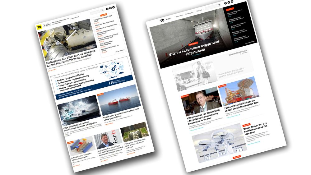Ny design på tu.no: Til venstre den vanlige nyhetsmodusen, til høyre den nye helgemodusen, som har som hensikt å dyrke de mest dyptgående reportasjene.