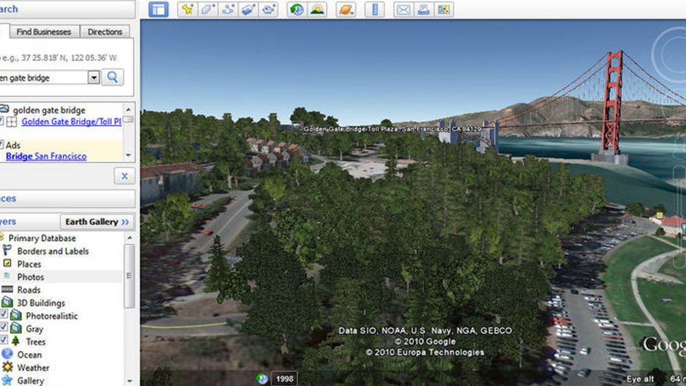 Google Earth 6 kan vise 3D-modeller av trær. Her vises landskapet i nærheten av Golden Gate Bridge i San Francisco.
