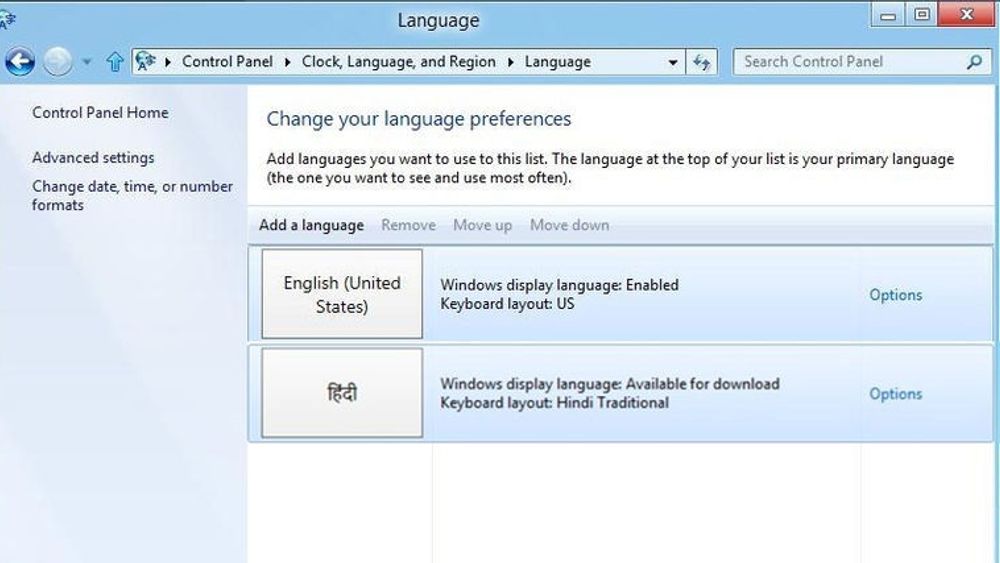 Språkvalg i Windows 8 gjøres i kontrollpanelet.