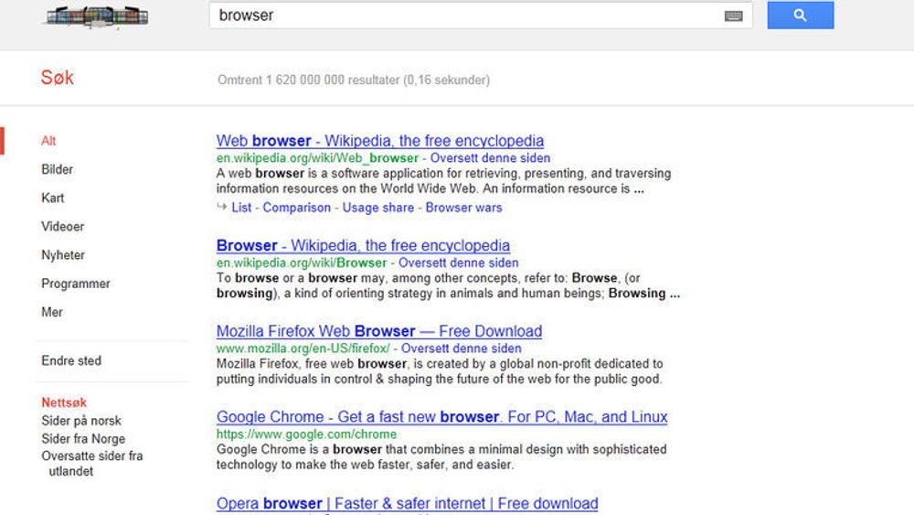 Google Chrome i søkeresultatene til Google Search den 27. mars 2012.