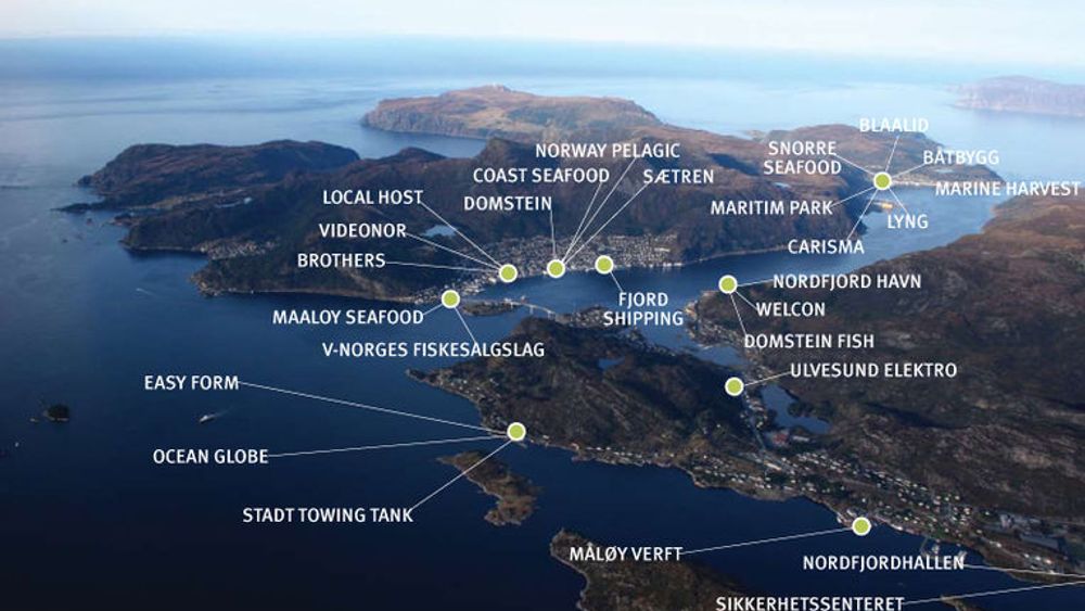 12 km sjøkabel: Oversiktskart over bedriftsmiljøet i Vågsøy som blir tilknyttet det nye fibernettet.