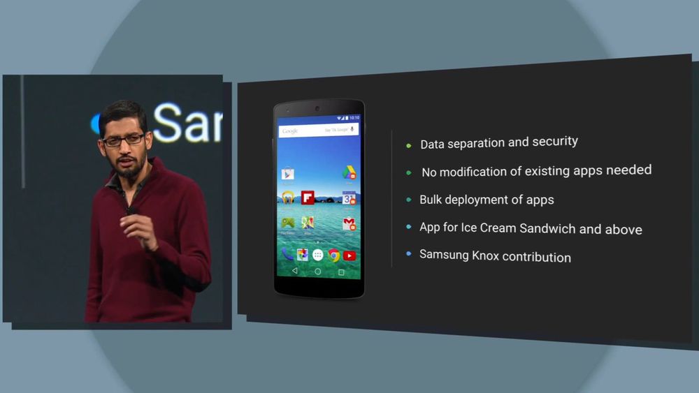 Sundar Pichai fortalte at L-utgaven av Android inkluderer sikkerhetsfunksjonalitet hentet fra Samsung Knox.