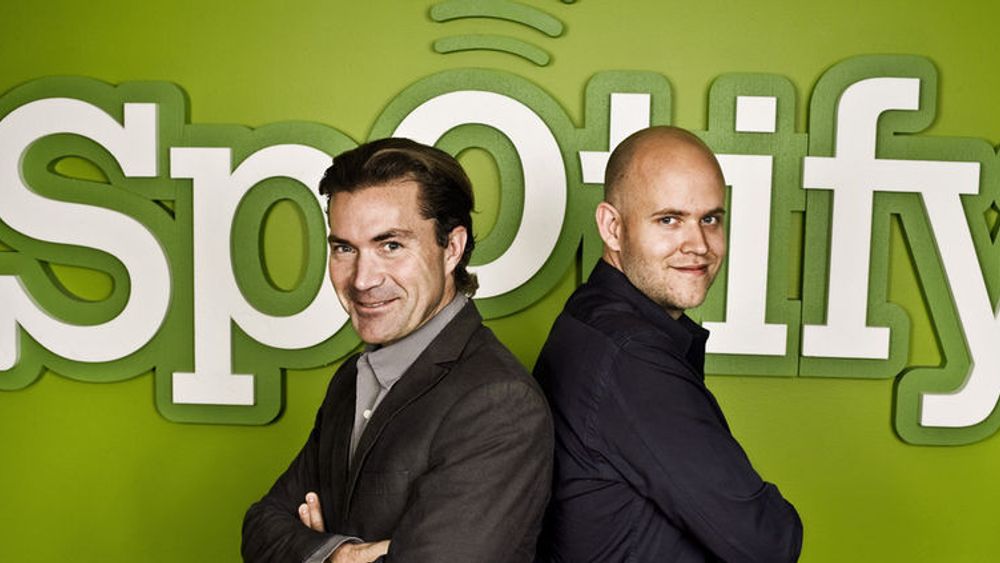 Spotify ved medgründerne (fra v.) Martin Lorentzon og Daniel Ek.