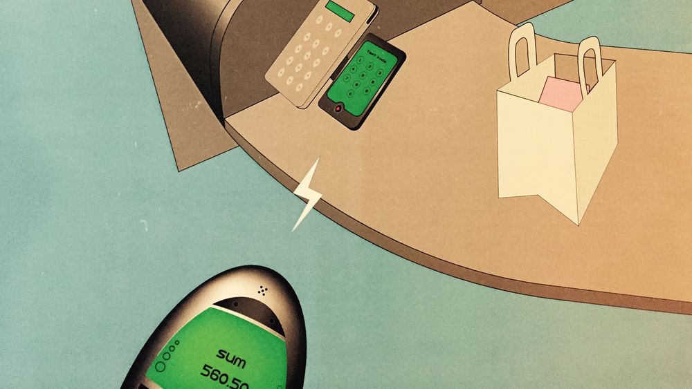 Bildet er fra år 2000 og illustrerer oppfinnelsen til Jens Petter Høili, komplett med trådløs betaling med mobilen - et konsept som først nå begynner å ta av i markedet.