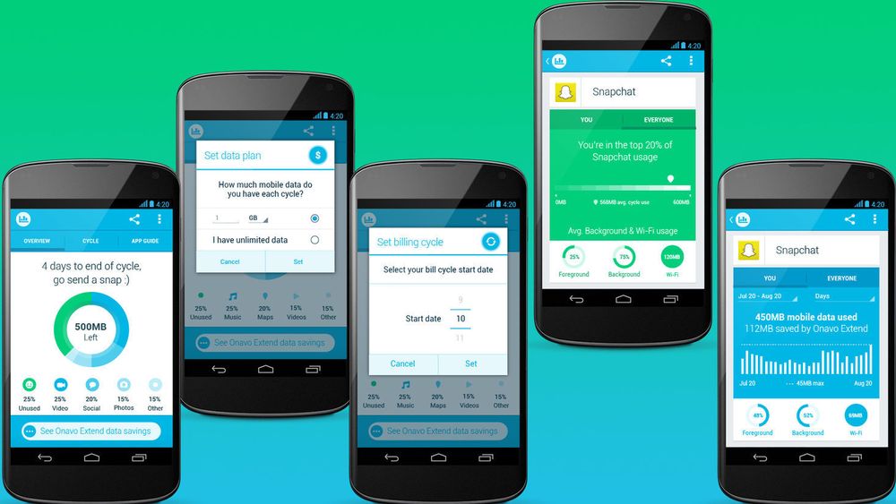 Utvalge skjermbilder fra Onavo Count for Android viser hvordan appen fungerer.